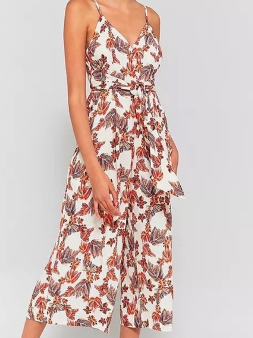 Free People Cream Floral Tie-Waist Jumpsuit with Rust & Brown Print